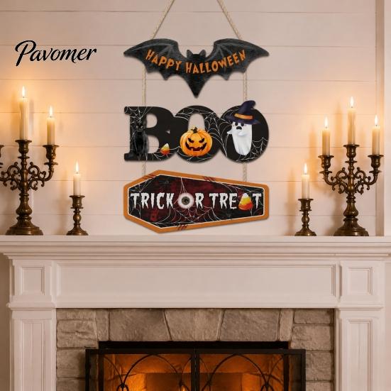 Seasonal Wall Hanging Plaque Happy Halloween Wooden Sign, Cute Bat Ghost Pumpkin Boo Door Hanger, Trick Indoor Holiday Hanger or Treat Sign for Party,
