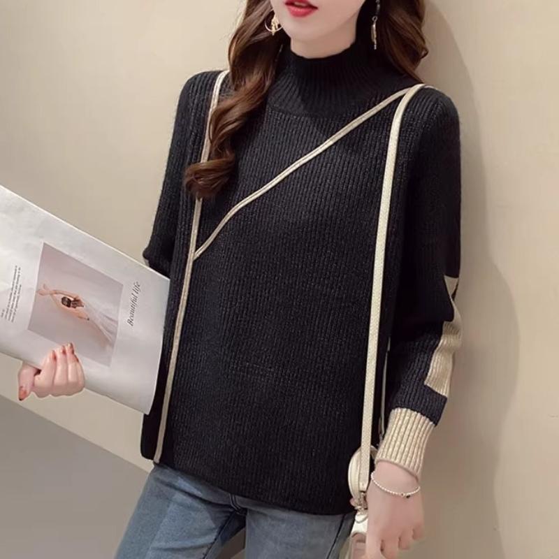 Semi-turtleneck Sweater Women's Autumn and Winter Thickened Design Sense Women's Knitted Sweater Winter Velvet Versatile Loose Bottoming Top