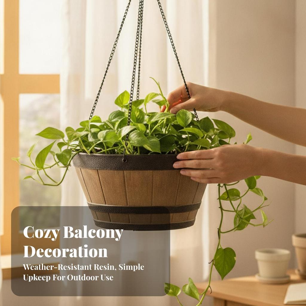 Hanging Planter with Wood Grain Farmhouse Barrel Resin for Patio, Garden