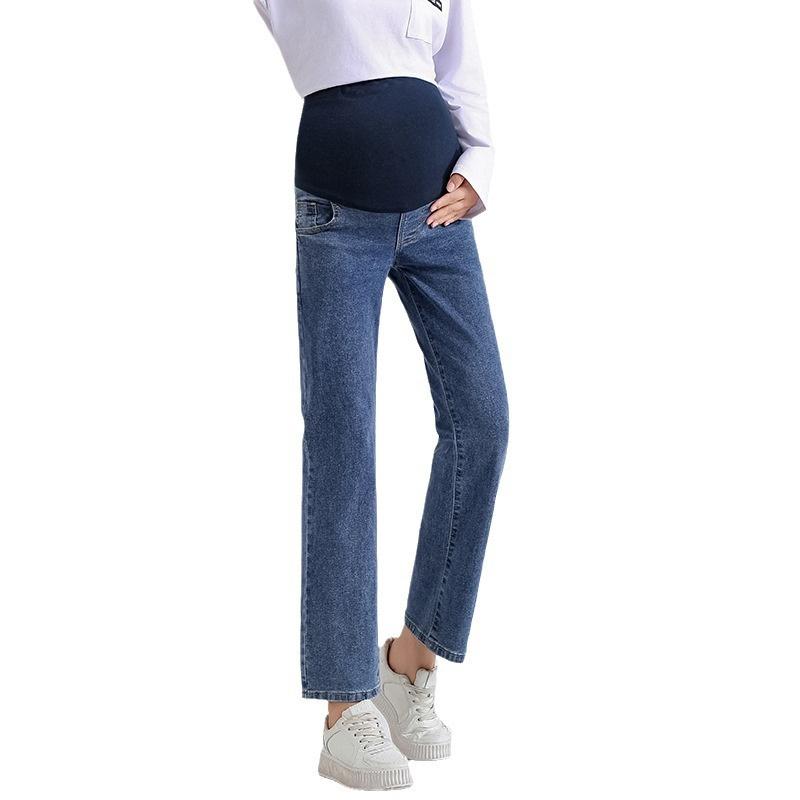 2026 Spring and Autumn Maternity Jeans for Outerwear, High-Waisted, Belly Support, Cropped Straight-Leg Slimming Pants