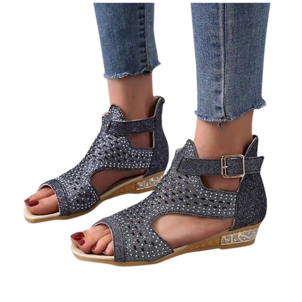 Summer New Roman High Top Fish Mouth Hollow-out Sandals Back Zipper Wedge Heels Rhinestone Sequins Women's Shoes