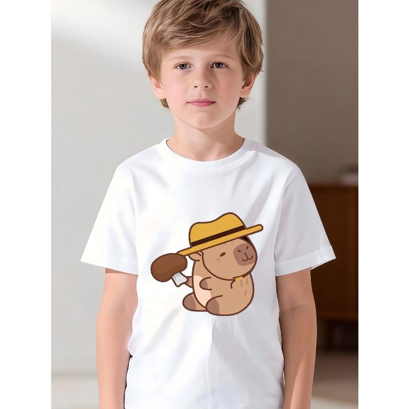 European Size Boys Round-neck Short-sleeved T-shirt with Cartoon Calabria Pattern Print