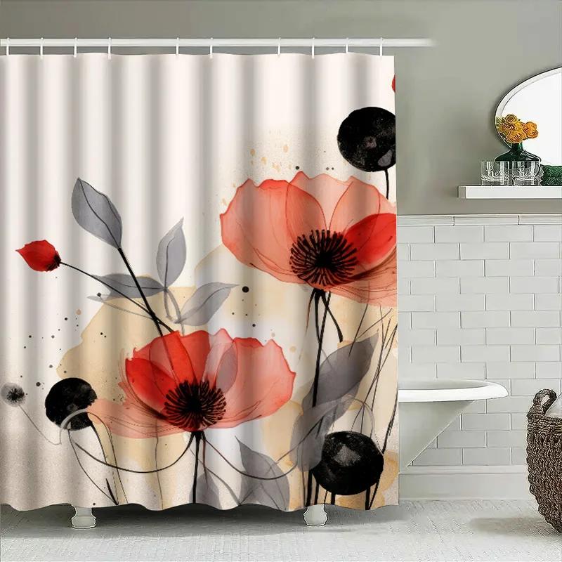 Watercolor-style Poppy Shower Curtain Bold Red Flowers Modern Bathroom Decor for Home Use
