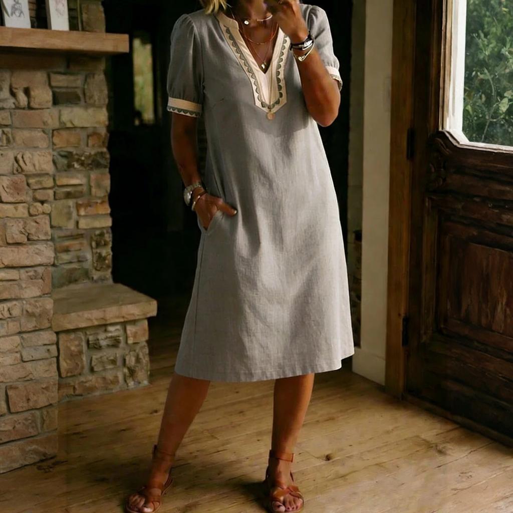 Ladies Casual Loose Bubble Sleeve Dress V Neck Mid Length Summer Dress Lightweight Comfortable Fabric Simple Design