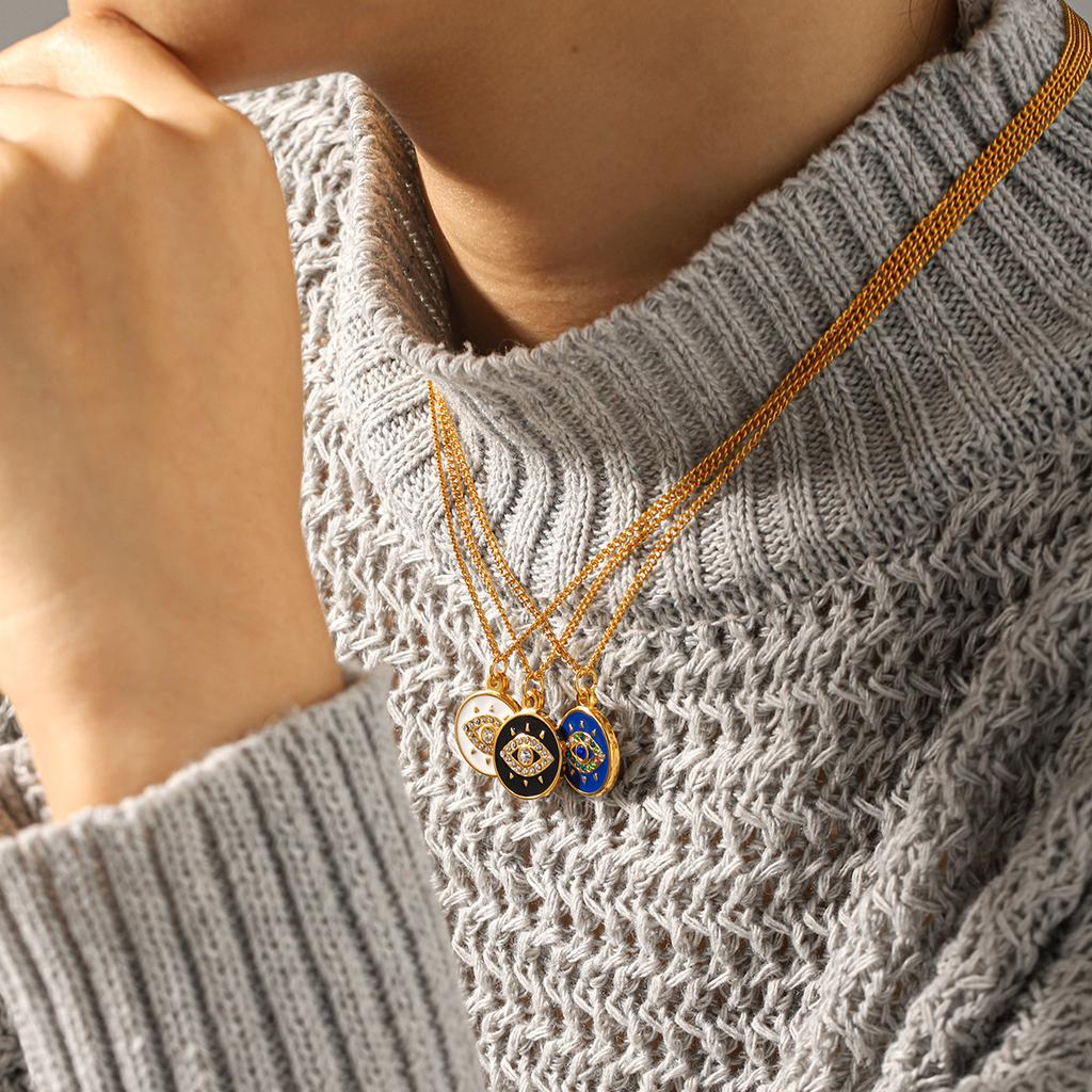 Dripping Oil Diamond-Encrusted Evil Eye Pendant Necklace, Light Luxury Niche Titanium Steel Choker for Women