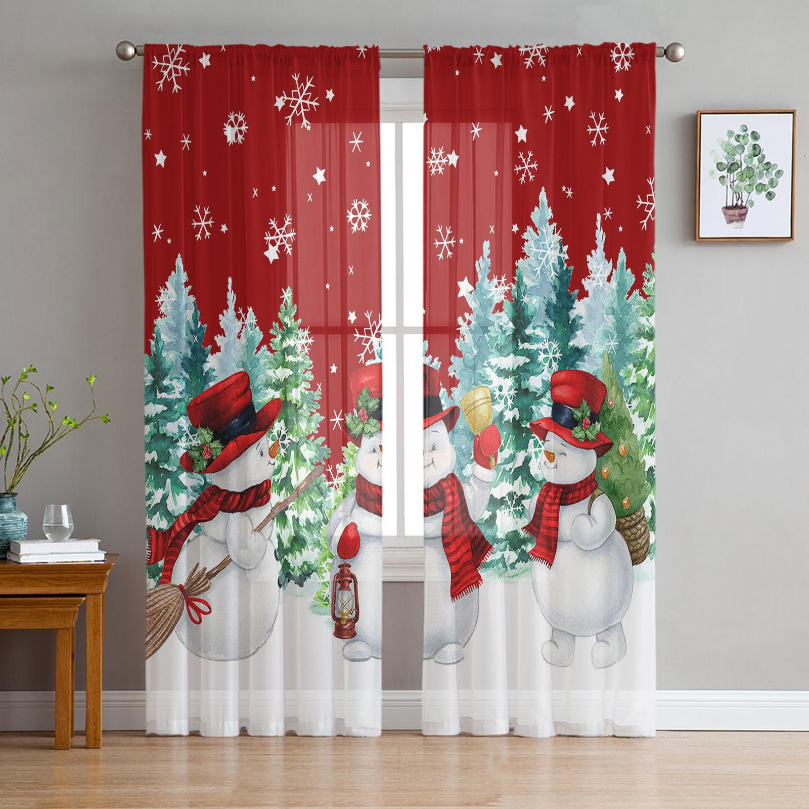 

Christmas Snowflake Pine Snowman Sheer Curtains Christmas Home Decorations Window Tulle Curtains for Living Room Bedroom