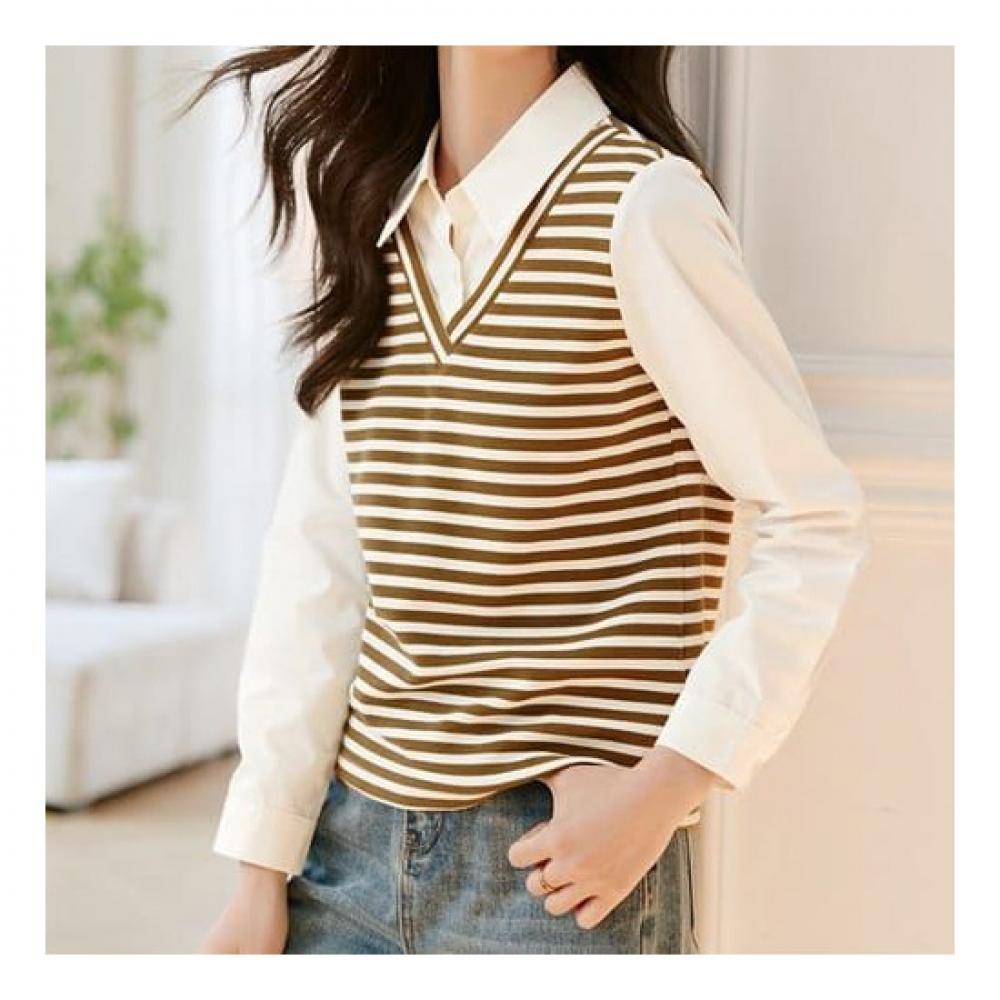 Navava Casual Two In One Stripe Long Sleeve Collar Shirt Nb1940