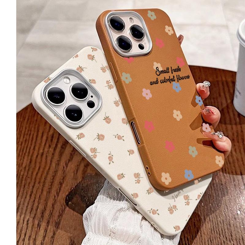 Pink Flowers Leather Pattern Phone Case For iPhone 16 15 14 Pro Max 13 12 11 XS X XR 7 8 16 Plus SE 2022 Shockproof Soft Cover