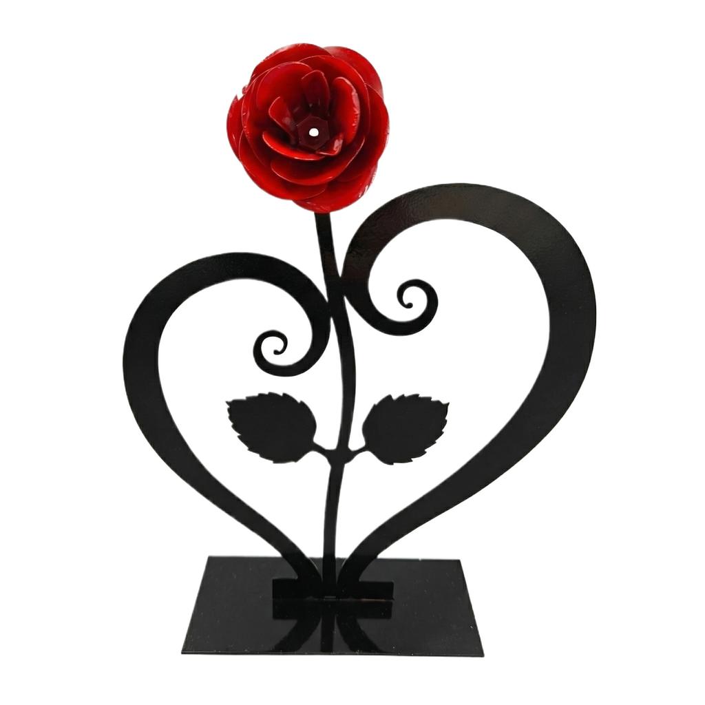 A Metal Rose Paired With A Heart-shaped Stand—a Creative Decorative Piece That Makes For An Ideal Gift.