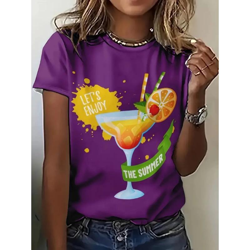 Summer Round Neck Fruit Juice Beverage Printed Top Fashionable Casual Short Sleeved Women's T-shirts