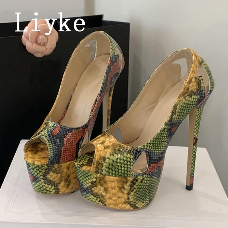 Fashion Liyke 2025 New Sexy Mixed Color Snake Print Platform Pumps Women Shoes Hollow Out Leather Summer Super High Heels Stiletto Mujer