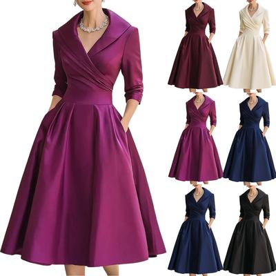 Damen Casual Mode V-Ausschnitt Langarm Retro Weihnachtsprint Retro Kleid