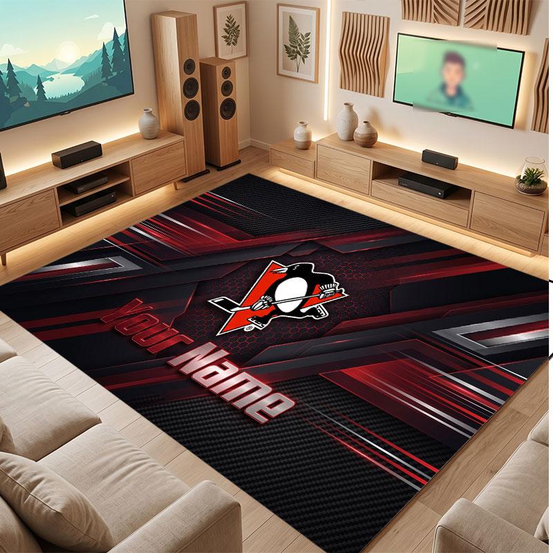 Pittsburgh Penguins Personalized Crystal Velvet Carpet, Customized Name Text Soft Anti‑Slip Rug for Living Room Bedroom