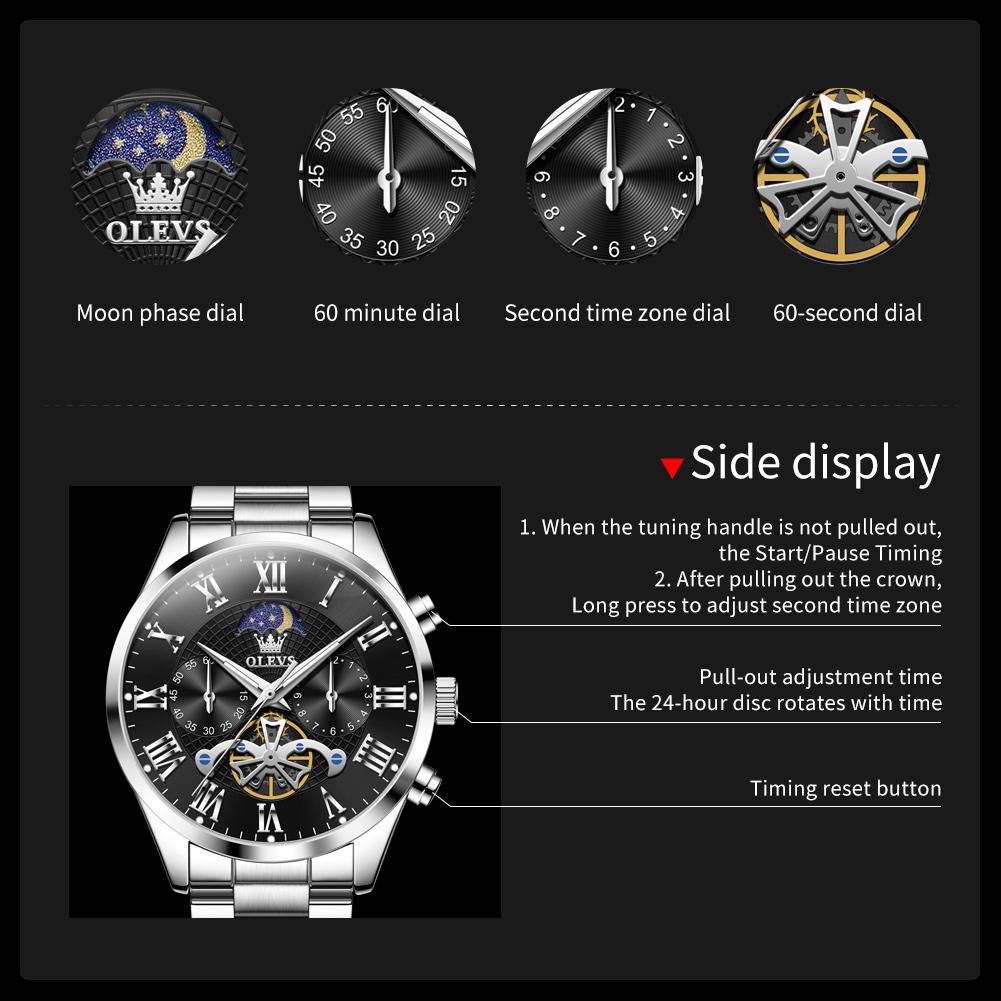 OLEVS Men's Watches Multifunctional Chronograph Flywheel Dial Original Wristwatch Moon Phase Waterproof Watches