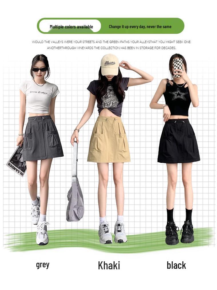 Gray Women's A-Line Midi Skirt with Elastic Drawstring Waist - Summer 2025 Anti-Exposure Workwear Style