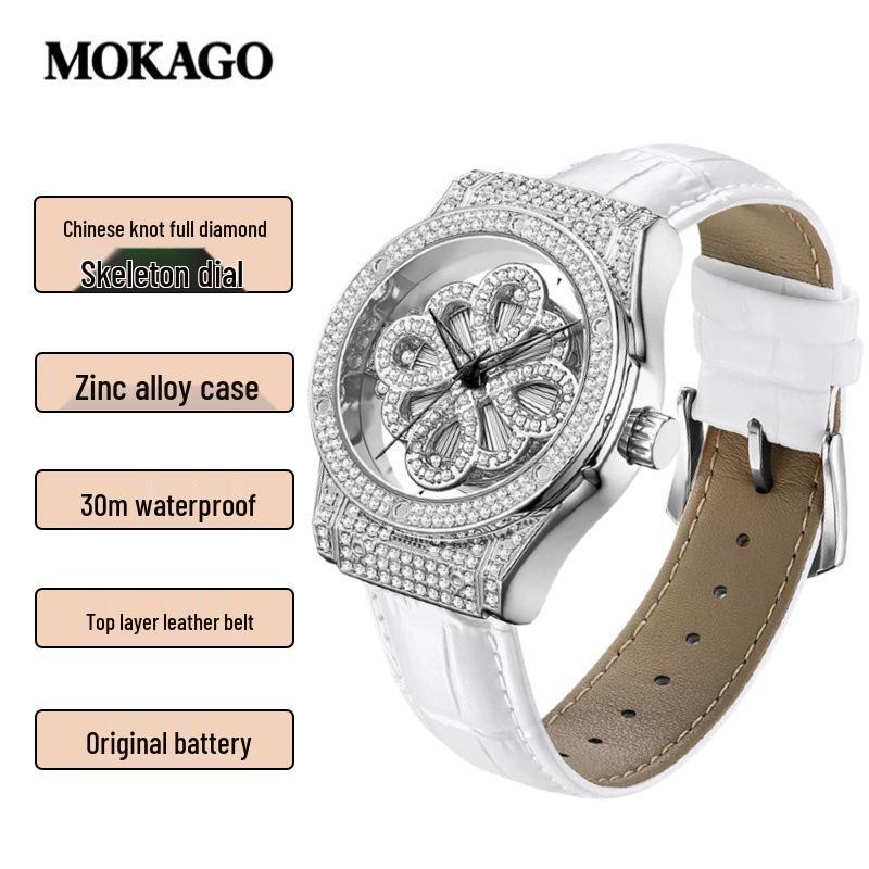 Mokaga High-End Women s Lucky Clover Diamond-Studded Double-Sided Quartz Watch