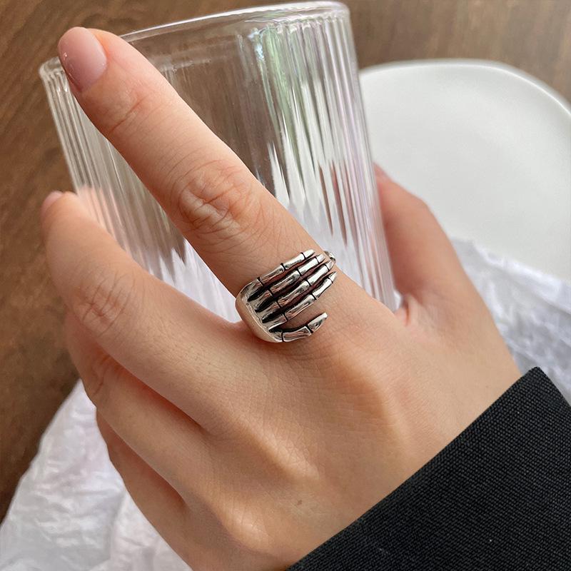 925 Sterling Silver Skull Hand Hip-Hop Open Ring for Women - Punk Style, Non-Fading