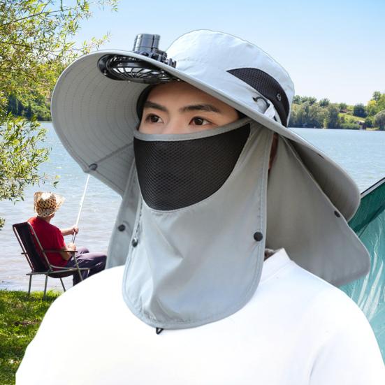Kapelusz wędkarski ze zdejmowanym wentylatorem obrotowym USB, kapelusz przeciwsłoneczny z szerokim rondem, ochrona UPF50+, regulowany obwód, kapelusz wędkarski