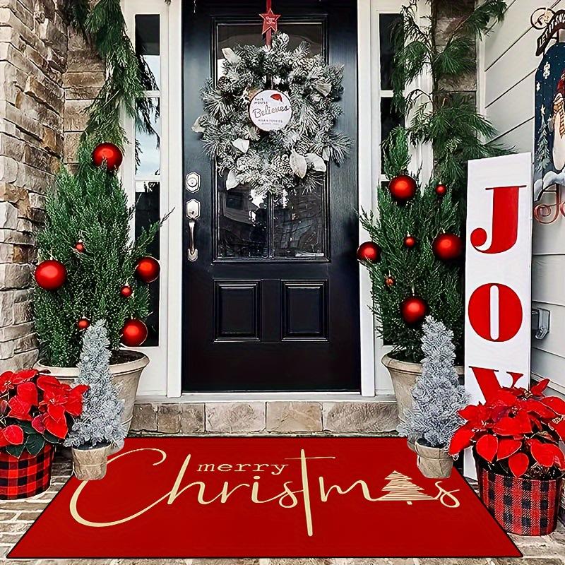 VIKAMA Merry Christmas Doormat Golden Bell Red Bow Pine Branch Non Slip Floor Mat Front Porch Holiday Home Decor