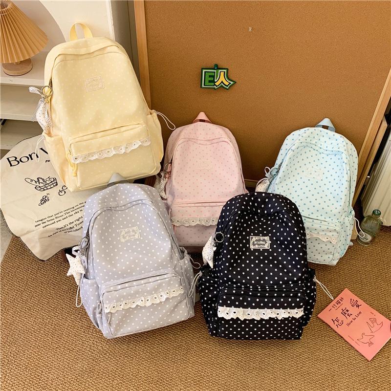 Zaino Grigio Nebbia con Ciondolo a Forma di Stella in Pizzo Borsa da Scuola Femminile Semplice a Pois Vento Gentile Zaino Grande Capacità per Studenti delle Scuole Medie