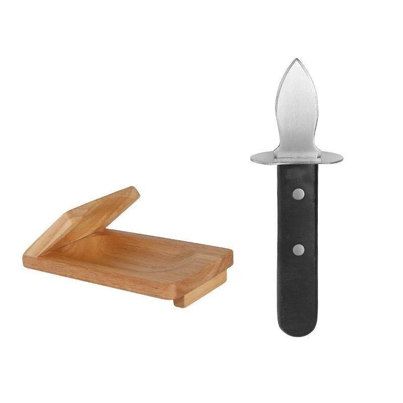 Stainless Steel Oyster Shucking Knife Non Slip Handle Wooden Holding Base For Home Kitchen Seafood Cooking Restaurant Use