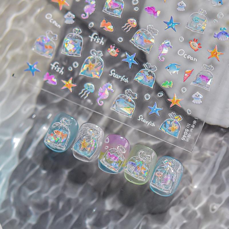 Shiny Goldfish Plastic Bag Seahorses Summer Jellyfish Starfish Shell Conch Koi Water Bubble Star Carp Nail Art Stickers Decals