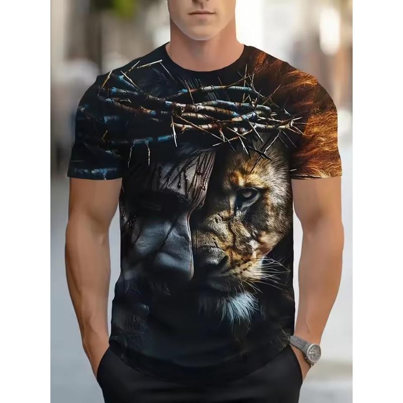 Męski T-shirt z nadrukiem na całej powierzchni z grafiką Jezusa i lwa, topy, casualowy T-shirt z krótkim rękawem i okrągłym dekoltem, letni, oversize, męskie koszulki