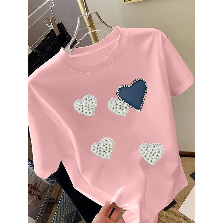Pearl Heart Print Round Neck Women's Short Sleeve Top T Shirt Spring and Summer Luxury-style Women's Tops