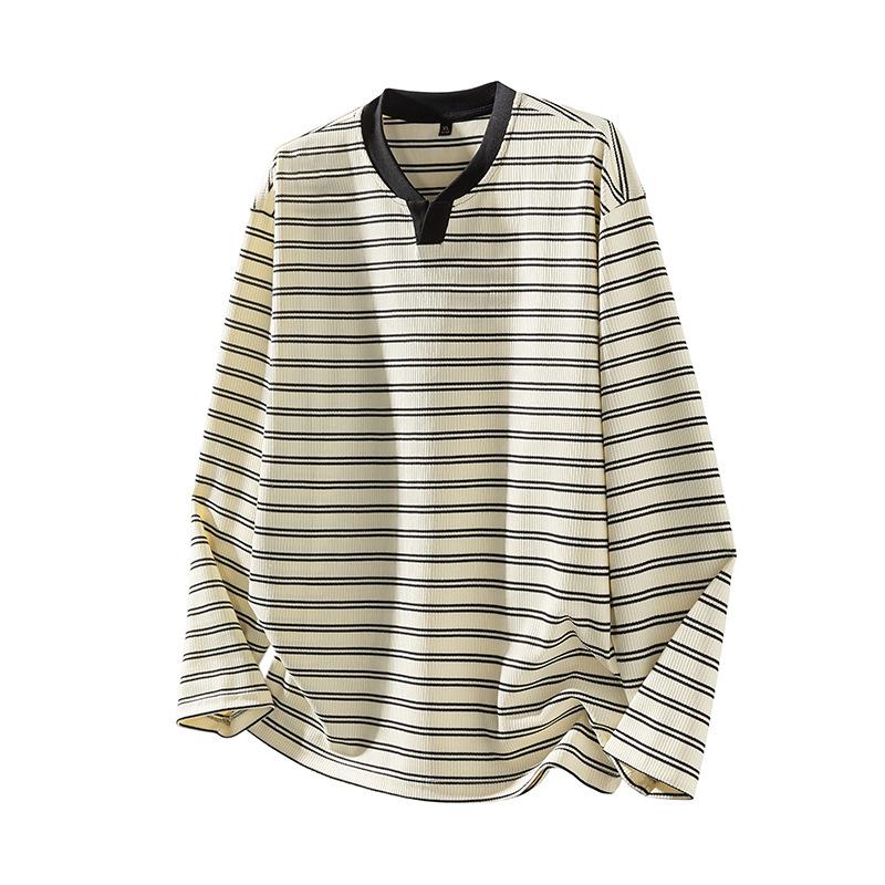 American Color Matching Neckline Small V-neck Knitted T-shirt Men's Autumn and Winter New Long-sleeved Striped Clothes
