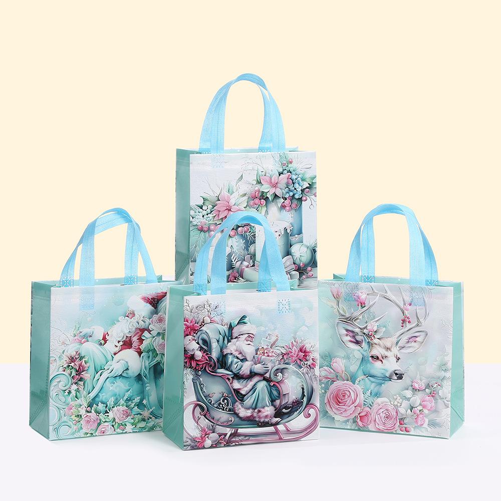 StoBag Mint Christmas Gift Wrapping Bags Luxury Designer Bags Santa Sleigh Reindeer Non Woven Gift Packaging Bags for Sweets Use