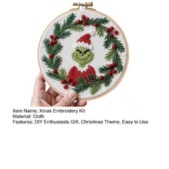1 Set Christmas Embroidery Kit Adults Beginners Green Hair Elf Wreath Pre-Stamped Cross Stitch Craft Embroidery Starter Kit DIY Enthusiasts Gift