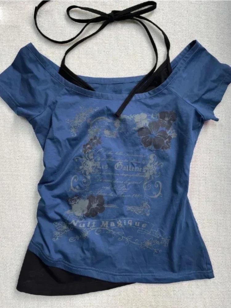 

Винтажные поддельные футболки из двух частей с бретелькой через шею на шнуровке Y2k Slim Fit с принтом, женские футболки с коротким рукавом и открытыми плечами M синий