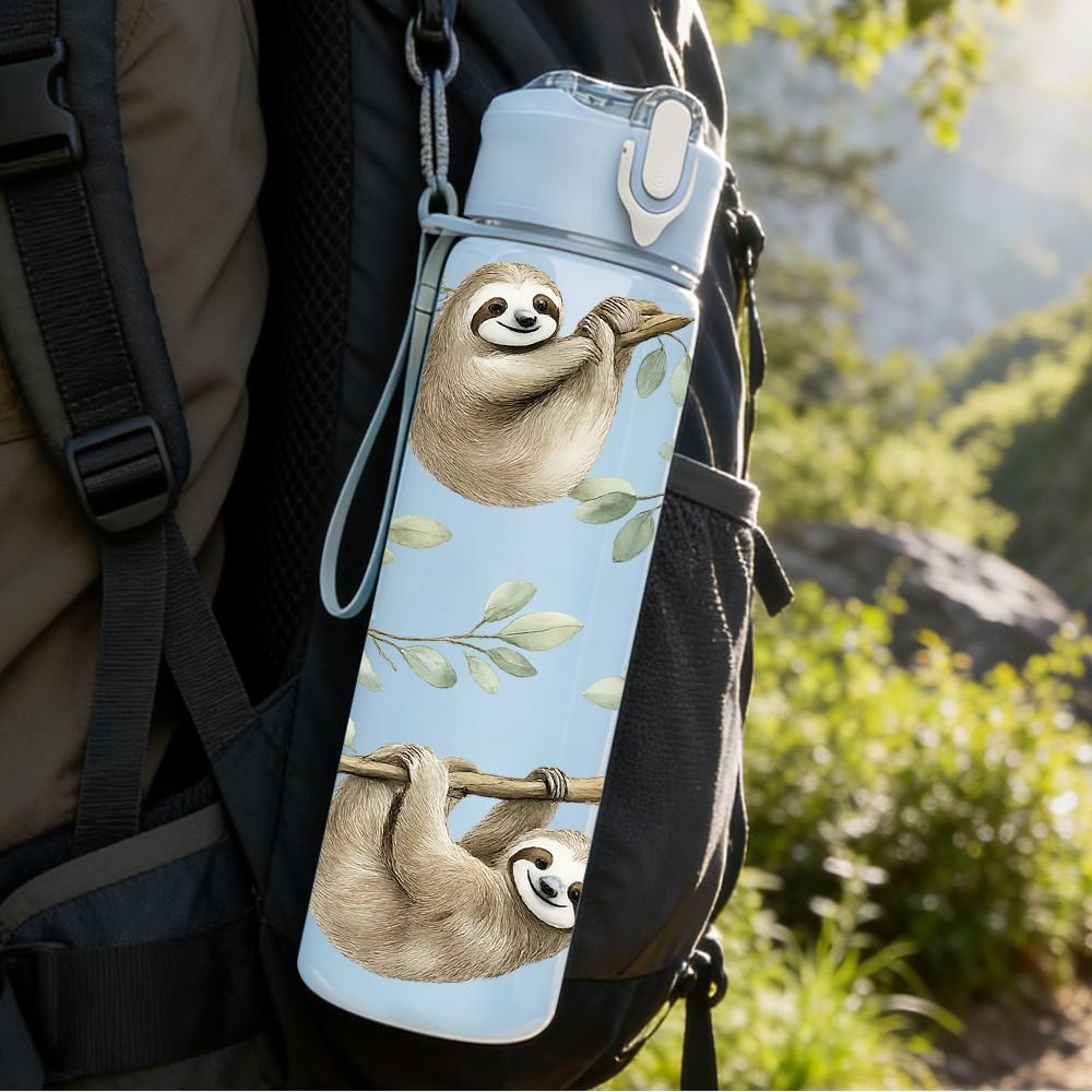 1PC Two Sloth Animal Cartoon Print 750ml Color Plastic Sports Water Bottle Leakproof Flip Straw Lid Suitable for Sports Office Home Use