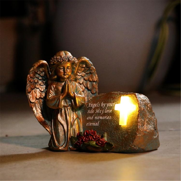 Resin Praying Angel Garden Statue With Solar Lighted Crosses Outdoor Waterproof Sculpture Grave Lamp for Patios Cemetery