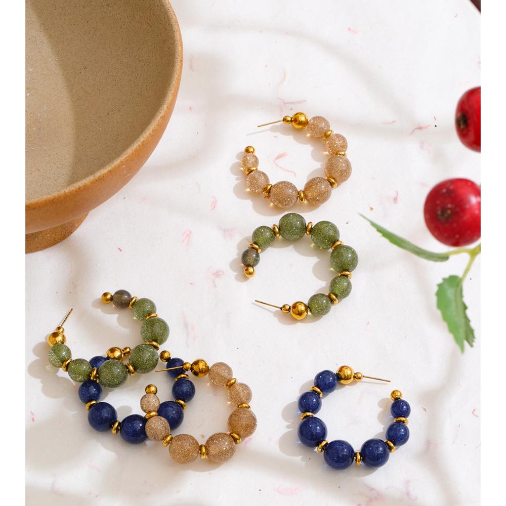 Eetit Resin Round Beads Chain C-Shape Huggie Earrings for Women Stainless Steel Handmade Fashion Trendy France Jewelry Wholesale