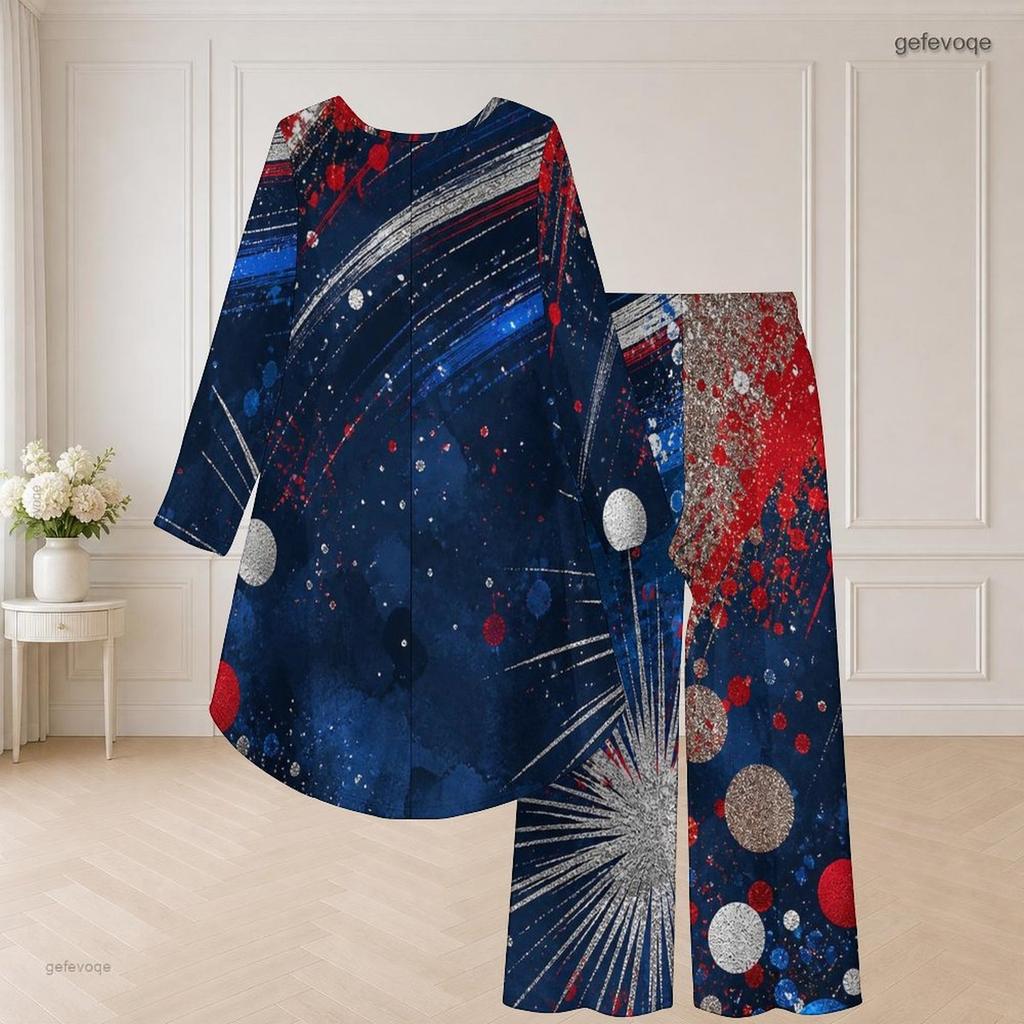Women Plus Size Round Neck Long Sleeve Red Blue White Printed High Low Top Wide Leg Pants Two Piece Set