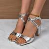 Fashion High Heeled Sandals for Women,  Summer New Item, Thick Heel, Metal Stone Pattern, Cross Buckle Women's Fashionable Women's Shoes