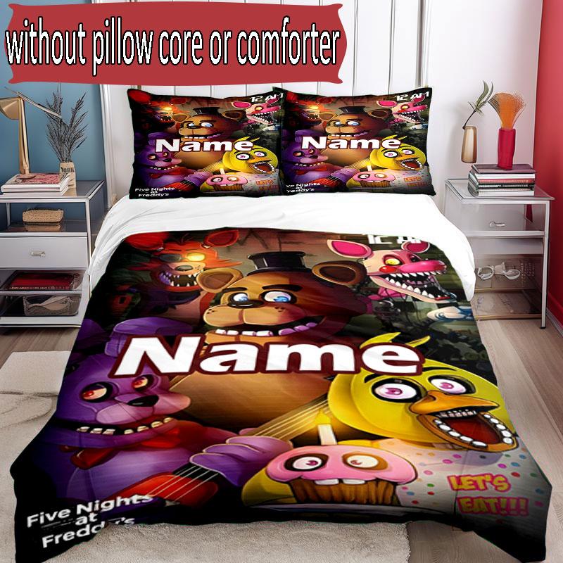 3pcs Duvet Cover Set (1*Duvet Cover + 2*Pillowcase, Without Core), Custom Name Five Nights At Freddy's Pattern Bedding Set, Home Bedroom Decor Gift