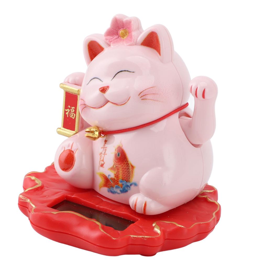 Solar Energy Powered White Beckoning Lucky Money Cat for Home Office Car Decor Feng Shui Lucky Cat Waving Arm Fish Style