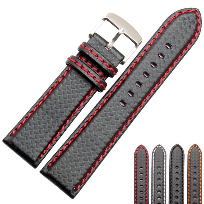 18mm 20mm 22mm 24mm Schwarz Rot Orange Naht Kohlefaser Leder Uhrenarmband mit Stahlschließe Armband Sportuhrarmband