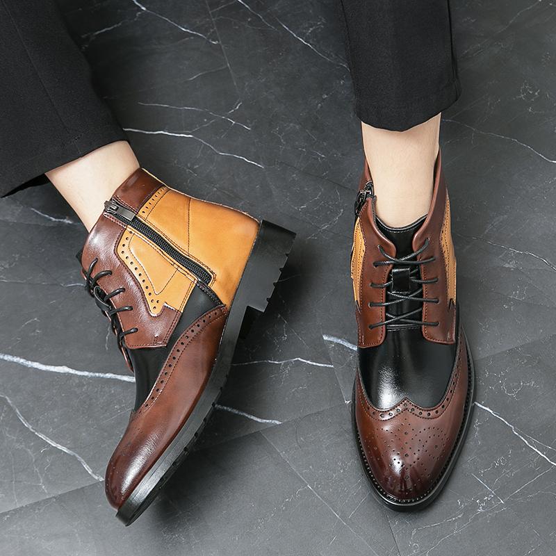 Fashion Trends British Style Mens Brogue Boots High Top Microfiber Leather Casual Chelsea Boots Side Zipper Loafers Party Shoes