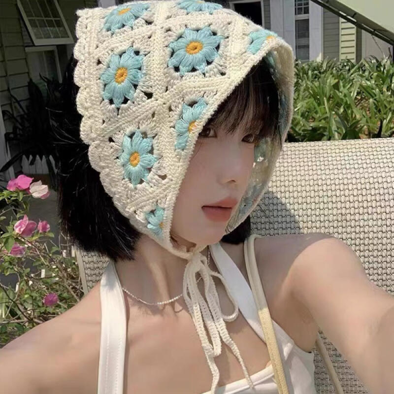 Sony Lee Pastel Blue Crochet Embroidery Knit Bandana Bonnet Blue