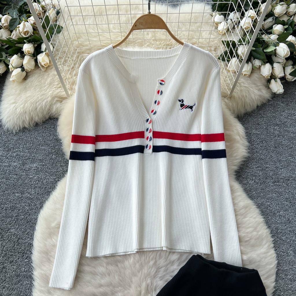 Autumn Winter Women Striped Knitted Sweater Vintage Two Piece Trouser Set V-neck Pullover Tops and Wide Leg Pant Suit