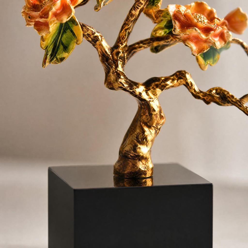 Metal Tree Ornament with Crystal Base Elegant Floral Branch Tabletop Figurine