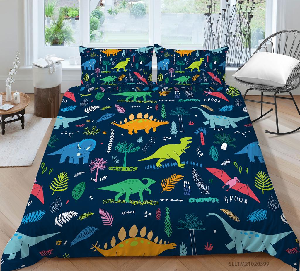 Fierce Beast Dinosaur Print Bedding Quilt Cover and Pillowcase Full-size Color Cartoon Dinosaur Pattern Comfortable and Luxurious Home Decoration