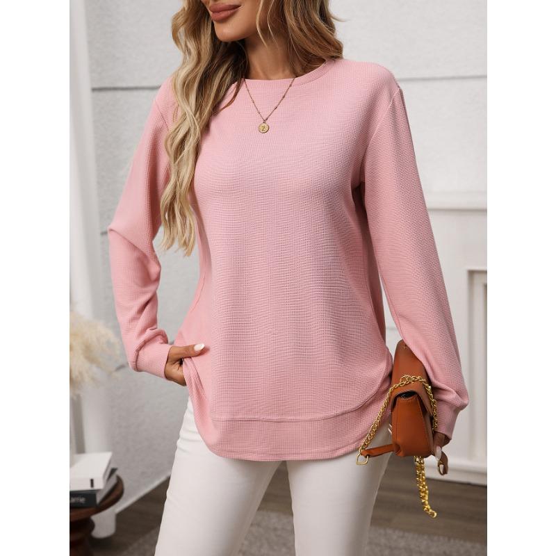 Women s New Autumn and Winter Loose Waffle Casual Versatile T-shirt Knitted Long Sleeves S