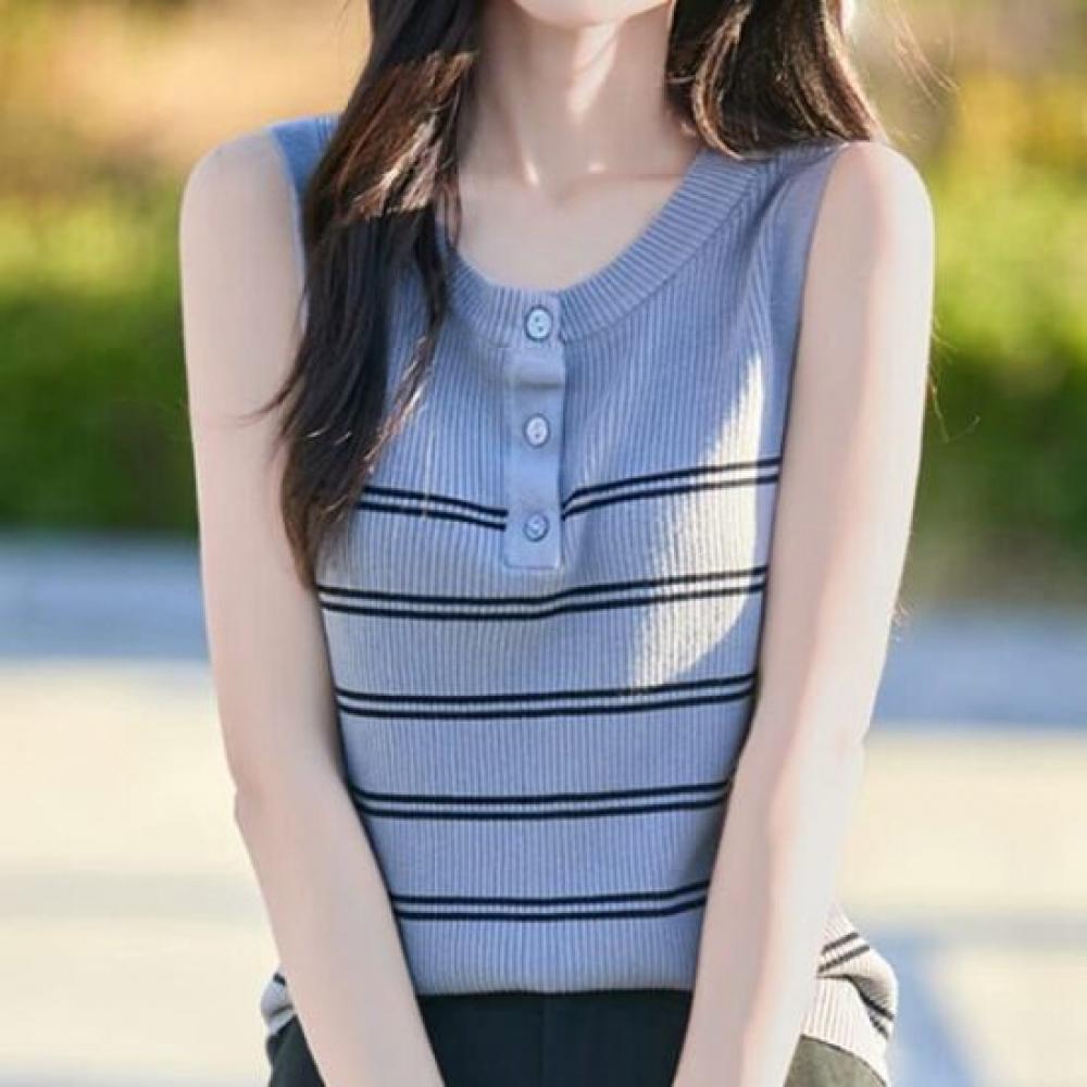 Navava Women Ribbed Sleeveless Knit With Stripe Point Nk2944
