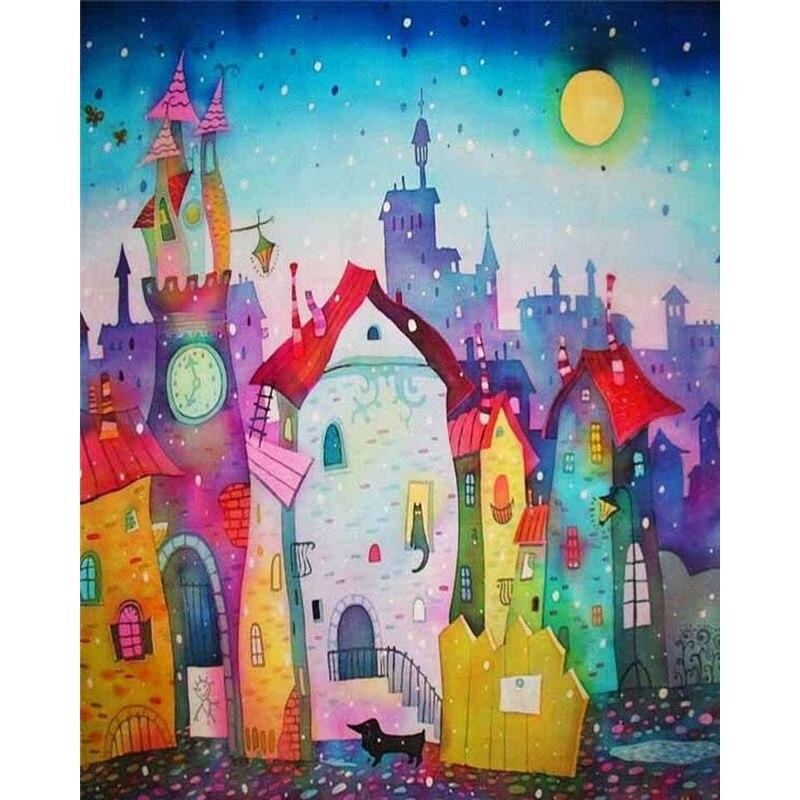 Malowanie diamentowe Różowy kwiat Pełne okrągłe diamentowe haftowanie Kolorowy dom Krajobraz Haft krzyżykowy Dekoracja domu