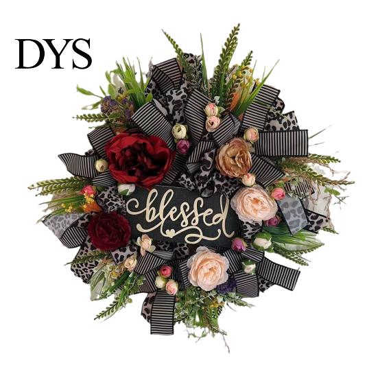 Three Dimensional Flower Garland Fall Leopard Print Wreath for Front Door, Artificial Floral with All Season Decor Blessed Sign, Faux Peony