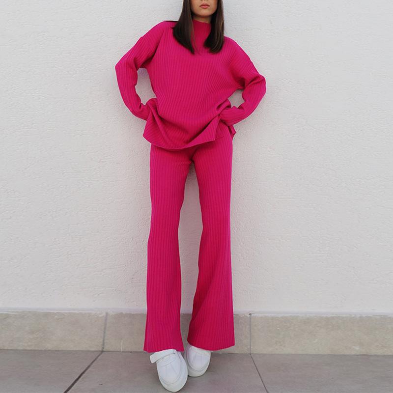 

Half-high Collar Long-sleeved Solid Color Knitted Suit Women s Two-piece Suit One size